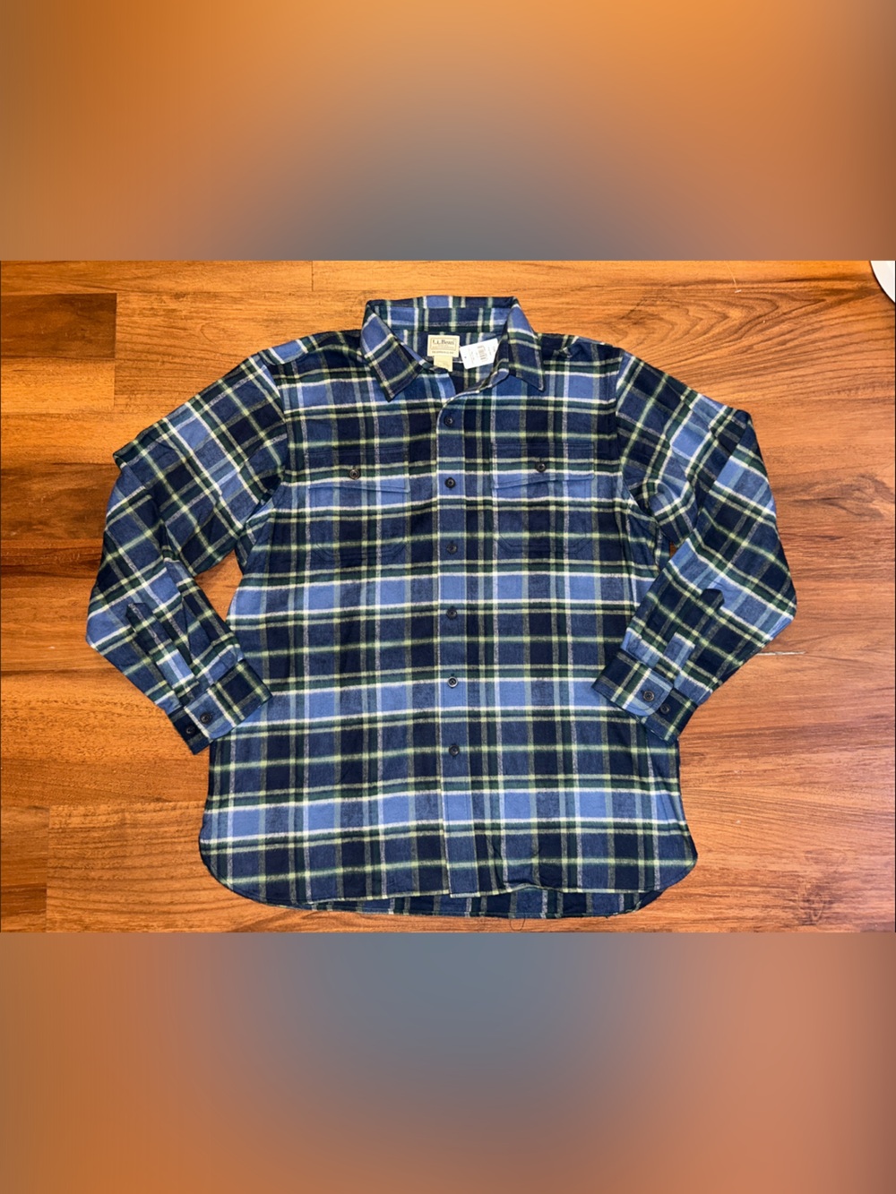 L.L. Bean Chamois Flannel Button Down Navy Blue Green Plaid Button-Down Shirt L